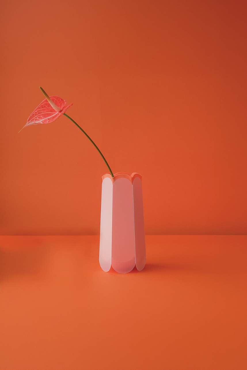 POTR Letterbox vase featuring stylish pink design with a flower, set against a vibrant orange background.